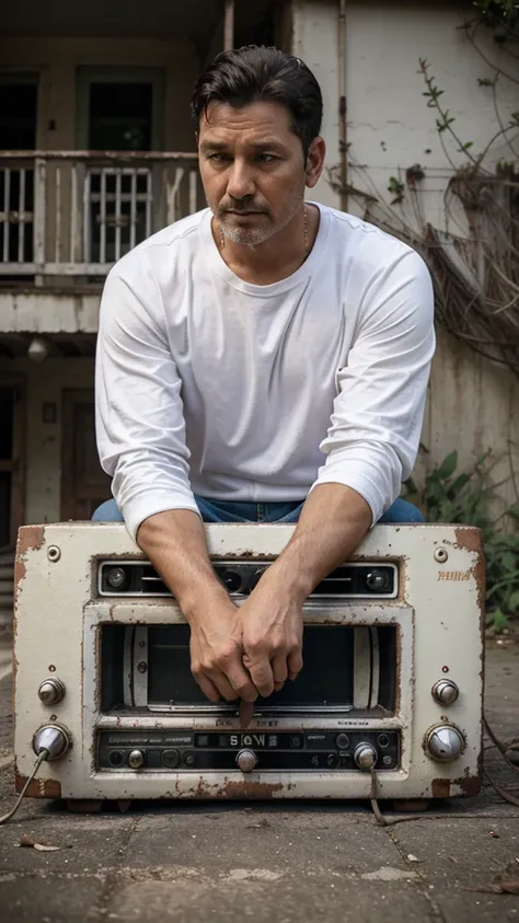 A man 40 years old sitting, old radio in front of him, old house background, reminiscing moment, wearing white long sleeves shirt,