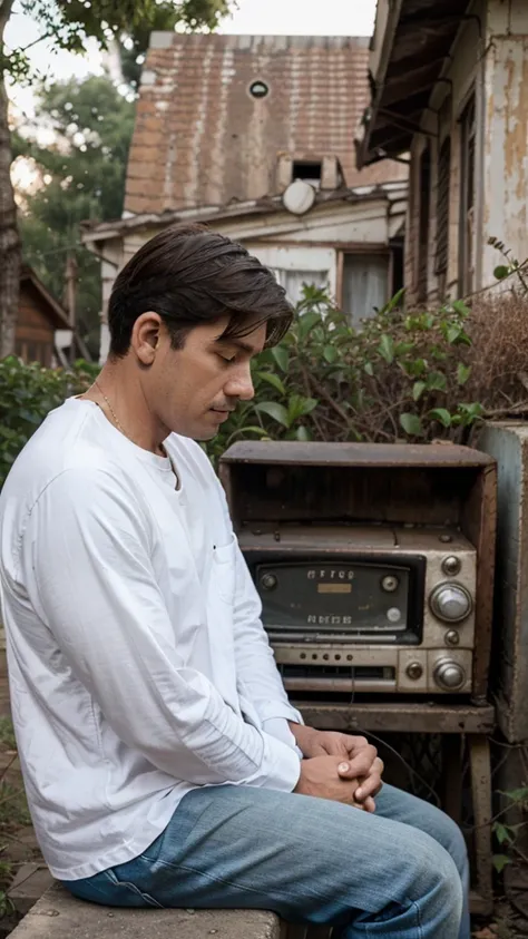 A man 40 years old sitting, old radio in front of him, old house background, reminiscing moment, wearing white long sleeves shirt,