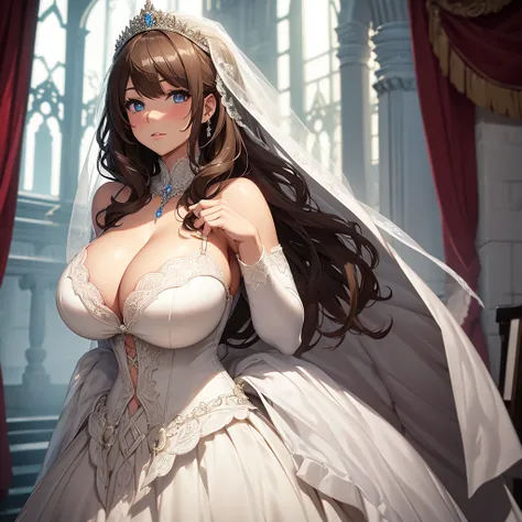 Girl with huge breasts in a wedding dress with huge neckline and bridal veil