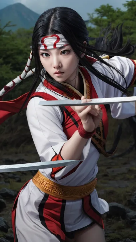 "create a highly realistic image of a female warrior resembling kyoukai from the manga series kingdom. she should have a slender...