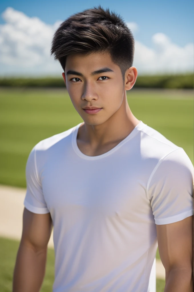 A handsome, muscular young Asian man looks at the camera. In a plain white t-shirt , Fieldside, grass, beach, sunlight