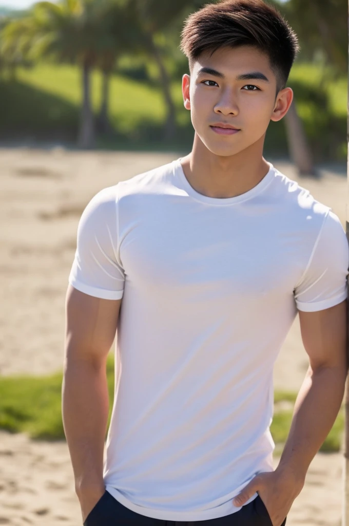 A handsome, muscular young Asian man looks at the camera. In a plain white t-shirt , Fieldside, grass, beach, sunlight