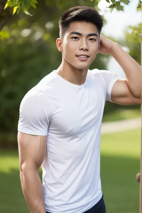 A handsome, muscular young Asian man looks at the camera. In a plain white t-shirt , Fieldside, grass, beach, sunlight