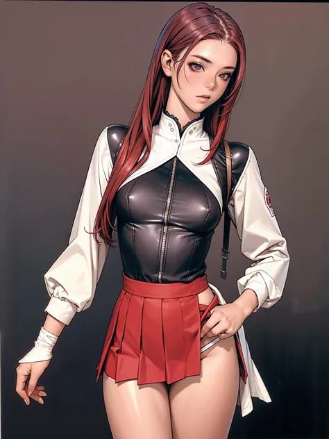 ((( transparent black suit ))), (((bandaged arms))), ((high collar)), (((red micro skirt with vertical seams all closed))), (((multi-colored hair))), (((best qualityer: 1.4))), (Unbeatable masterpiece), (hiper HD),(CG 8k hyper-realistic), (((brave face))),...