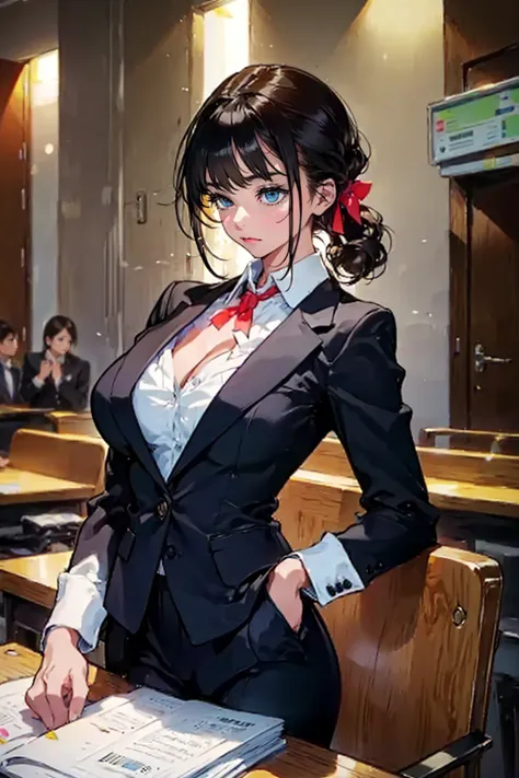 1girl,solo,cool,bigbreast,cleavage,suit,she is lawyer,trial,in court,courthouse