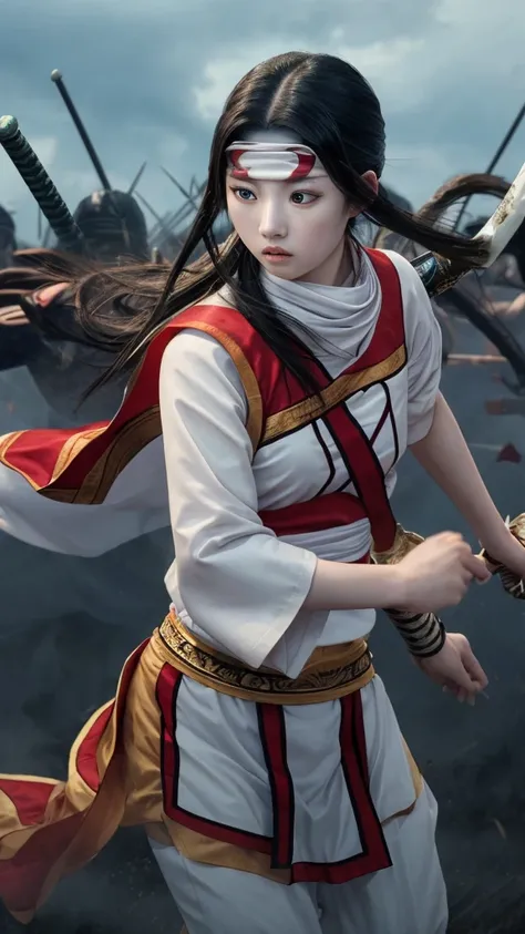 "Create a highly realistic image of a female warrior resembling Kyoukai from the manga series Kingdom. She should have a slender yet athletic build, wearing traditional Chinese armor with intricate details. Her expression is calm and focused, with a myster...