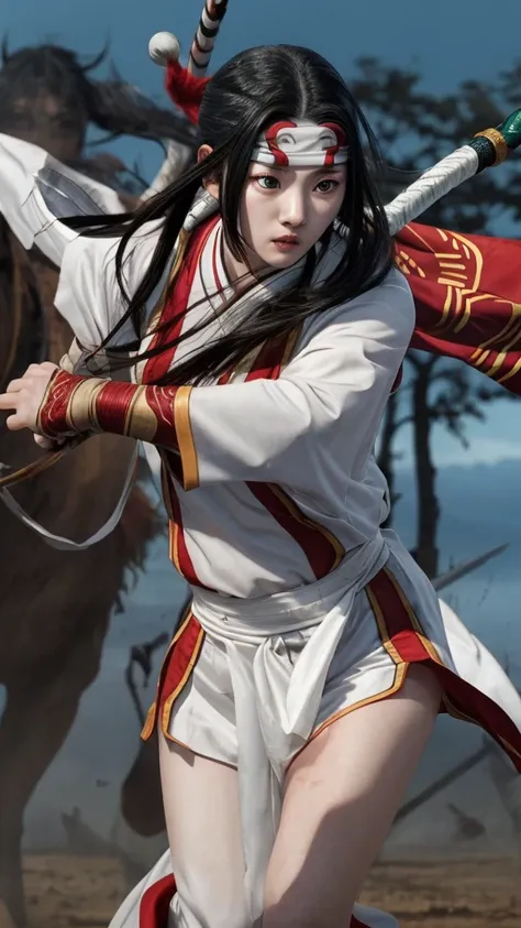 "create a highly realistic image of a female warrior resembling kyoukai from the manga series kingdom. she should have a slender...