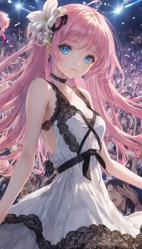 (masterpiece, Very detailed, Exquisite, beautiful, Full HD, High resolution, Absurd), Lilia, A girl with long pink hair, blue eyes, a white dress with black lace, a big pink ribbon on her chest, a white flower hair ornament around her right ear. At a crowd...