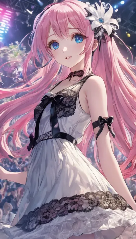 (masterpiece, Very detailed, Exquisite, beautiful, Full HD, High resolution, Absurd), Lilia, A girl with long pink hair, blue eyes, a white dress with black lace, a big pink ribbon on her chest, a white flower hair ornament around her right ear. At a crowd...