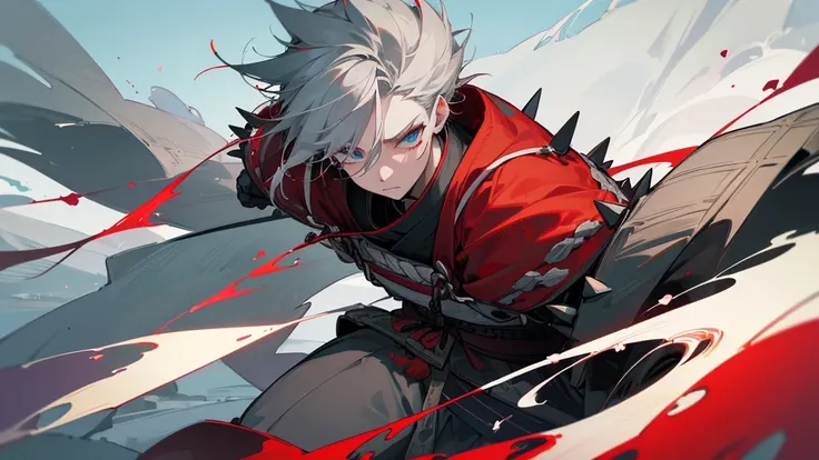 (Highest quality,4K,8K,High resolution,masterpiece:1.2),Super detailed,Gray Hair,Turquoise eyes,Red eye accent,Red rings around the eyes,Pale skin,white haori,1 male,Medium length spiky hair, Adult , Samurai Armor , Detailed Background , Village Background...