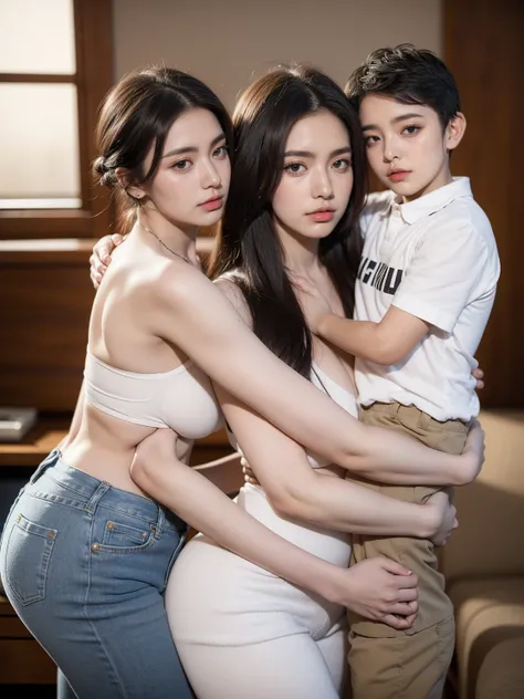 Big breast Mom with small 8 years old boy, ,(mother and son:1.7),(A 28-year-old woman and an 8-year-old boy:1.4)，( boy hugging woman hips from side)