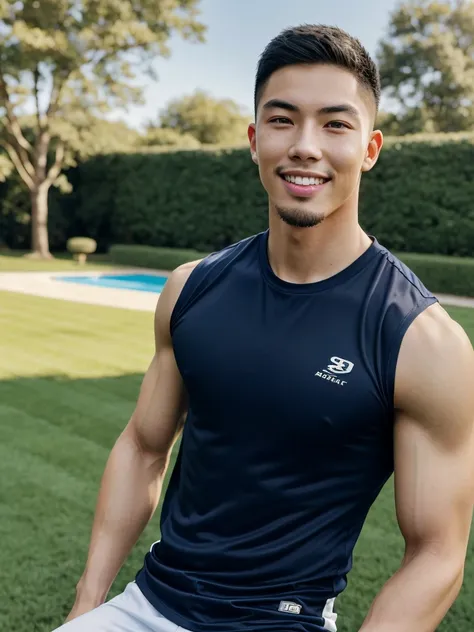 Tony Labrusca, (As a matter of fact, Masterpiece, 8k HD, good light quality, sportswear, fit the face, complicated details), A handsome, muscular young Korean man. , 20 years old, be happy, smile brightly, detailed face, delicate eyes, มองดูsky, Wear a nav...