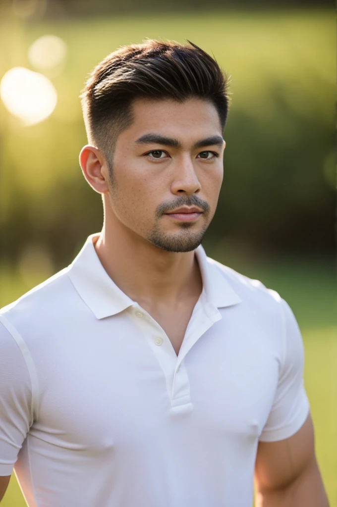 a handsome, muscular, asian man looks at the camera. in a simple white polo shirt , fieldside, grass, beach, sunlight