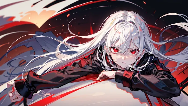 High resolution,close range、Anime boy with white hair and red eyes looking into the camera, Glowing red eyes,slim, Wearing black clothing,Shadow Body,Colorful background,My hair is messy,yameroyandere, Diagonal angle