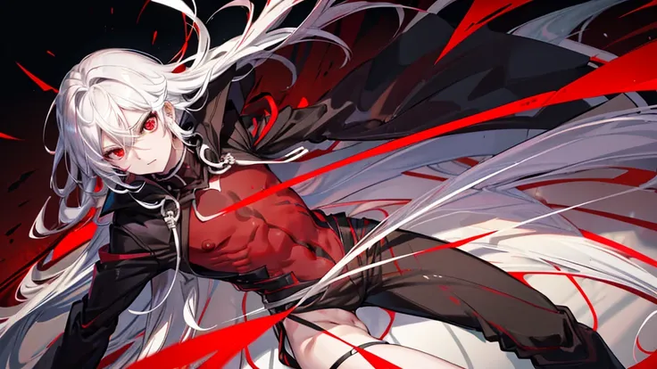 High resolution,close range、Anime boy with white hair and red eyes looking into the camera, Glowing red eyes,slim, Wearing black clothing,Shadow Body,Colorful background,My hair is messy,yameroyandere, Diagonal angle