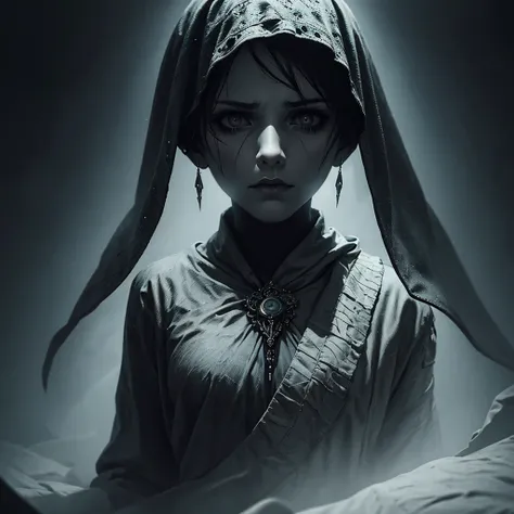 a ghostly, haunting, aesthetic nightmare, 1 woman, detailed face, melancholic expression, dark smoky atmosphere, moody lighting, intricate details, cinematic composition, dark fantasy, surreal, digital art