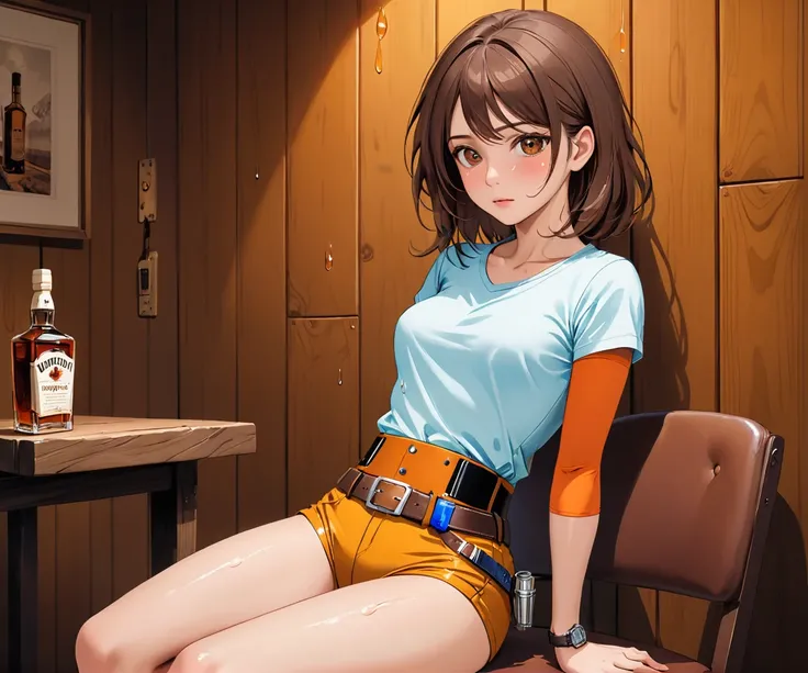 (((1 person:2.0))),(((Browsing Caution:1.5))),(((Wear brown hot pants:1.5))),(((Brown short sleeve T-shirt:1.5)))(((Wear a gun belt with a holster:1.8))),,((Wearing a watch:1.5))),(((Showing cleavage))),(((Exposed thin inner thighs))),(((Small breasts:1.5)...