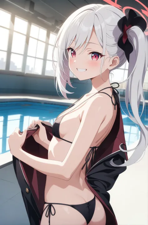 best quality, very aesthetic, absurdres, (1girl, mutsuki, blue archive, solo, red eyes, white hair, side ponytail), (realistic face:0.9),(string bikini:1.8),dress lift, (grin, blush, thigh:1.3), (cowboy shot), (glowing eyes), (half closed eyes:0.9), (from ...