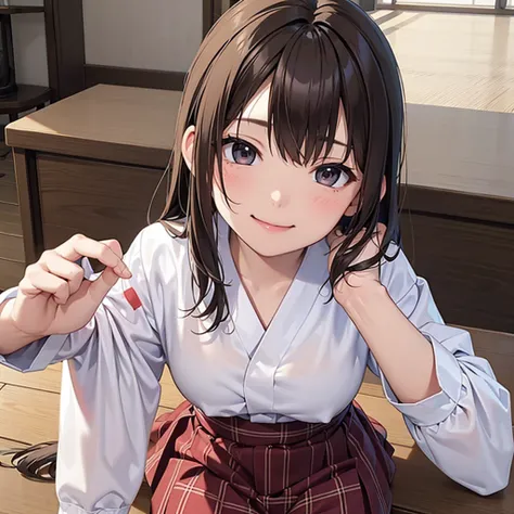 15yo student、brown haired、beautidful eyes、real looking skin、hi-school girl、、(8K、​masterpiece)、(reallistic、Photorealsitic)、top-quality、ighly detailed、The ultra-detailliert、Beautie、cute little、japanes、A smile、Close-up portrait、Healthy face、、plaid skirts