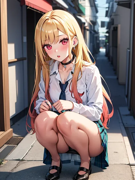 kitagawa marin, 1girl, blonde hair, long hair, multicolored hair, red eyes, jewelry, earrings, piercing, , white shirt, tied shirt, black choker, blue necktie, plaid skirt, skirt lift, panty shot, Squatting、blush、lure、Alley