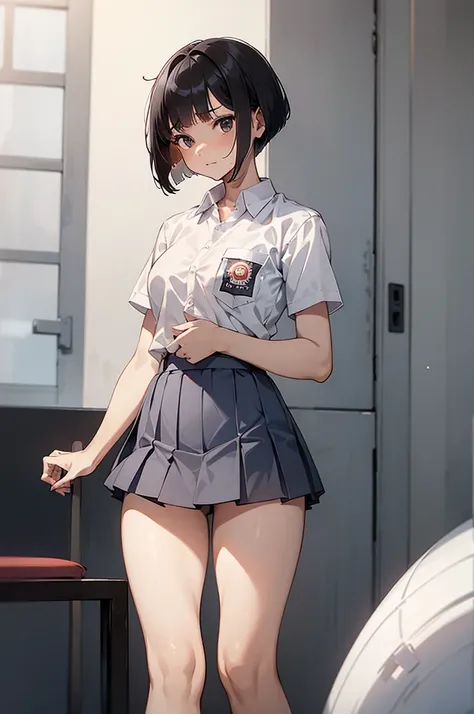 1 woman, 15 years old, ((short wolfcut haircut)), black eyes, Indonesian high-school uniform, white shirt, osis logo on shirt pocket, flat breasts, grey pleated skirt, half-shot, innocent look, white panties, spread legs