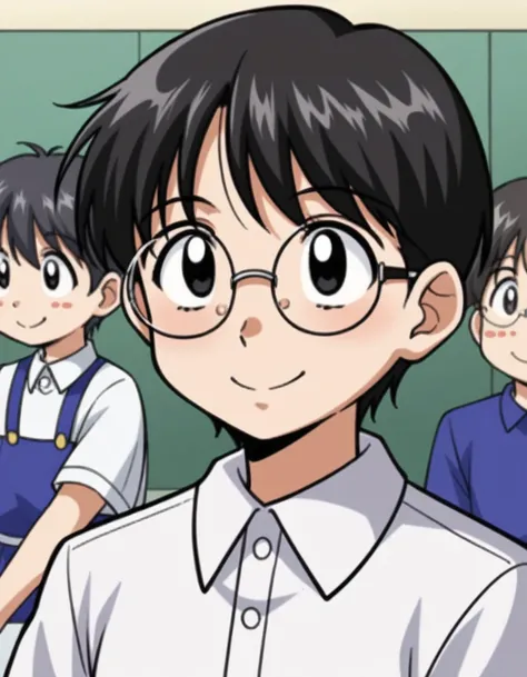 score_9, score_8, One personの男の子,Adult, Round face,Wear glasses,short hair,Put your hair up,a bit太り気味,Black Hair, Black eyes, White polo shirt,a bit横向き, View your audience, smile, Upper Body, a bit、50s、One person、Older age