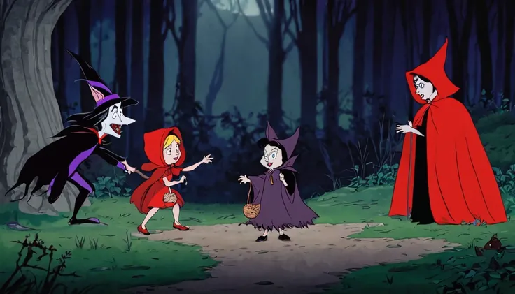 Cartoon image of Little Red Riding Hood meeting a vampire and a witch