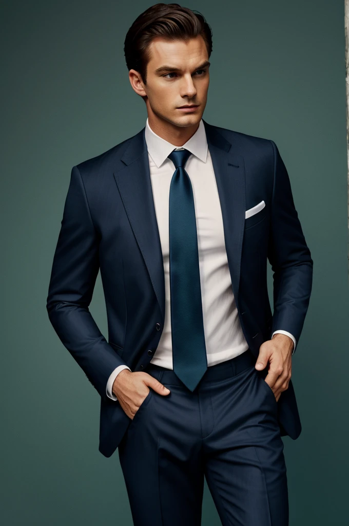 Puma dressed in an elegant navy blue suit with a white shirt, a navy blue tie and dark green background