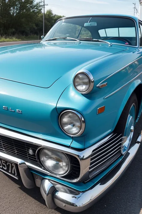 A blue car from the 60s on a road