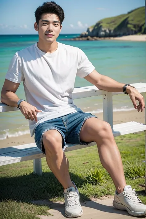 A handsome, muscular young Asian man looks at the camera. In a plain white t-shirt , Fieldside, grass, beach, sunlight