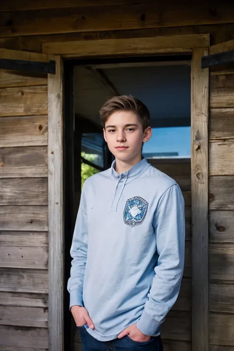 realistic photo of solo handsome teenage men ,standing in front of an cabin , midnight