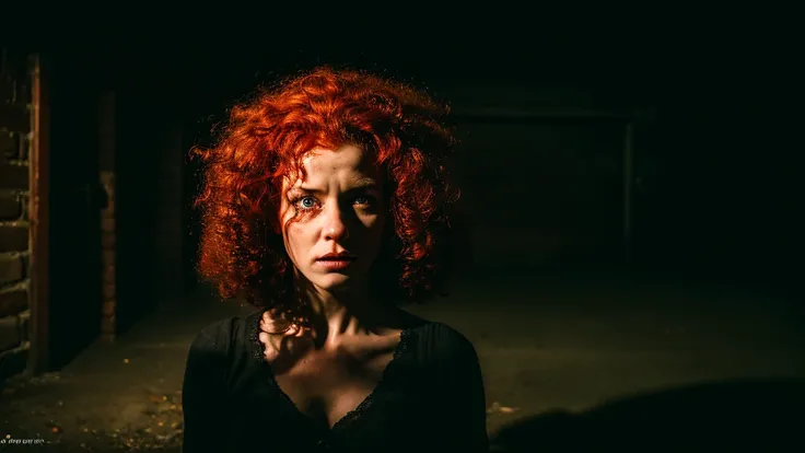 a woman in the front position with curly red hair with an expression of terror, stained with black oil, in a dark basement, with black shadow, and an aurora light illuminating the womans face, with 3D, cinematic, midjorney style, photographic, sony A7rlll,...