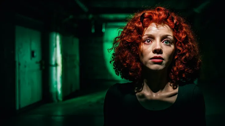 a woman in the front position with curly red hair with an expression of terror, stained with black oil, in a dark basement, with black shadow, and an aurora light illuminating the womans face, with 3D, cinematic, midjorney style, photographic, sony A7rlll,...