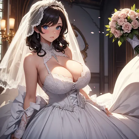 Girl with huge breasts wearing a wedding dress with a huge neckline and a wedding veil with a bouquet