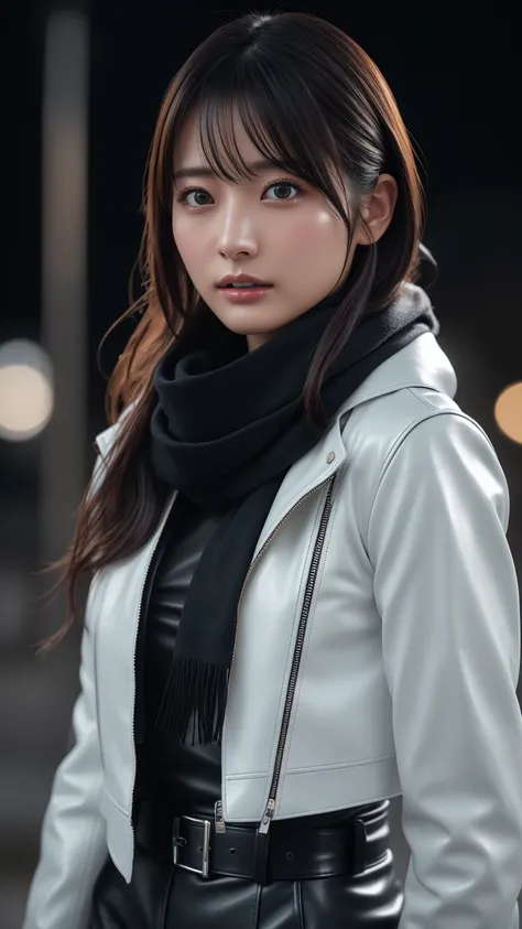 ((Excellent style)), Japanese women、Photorealistic、Beautiful attention to detail、Hyperrealism、High Contrast、Ultra HD、Realistic skin texture、Best image quality、Highest quality、Ultra-high resolution、Fine details、White scarf, Black leather jacket, Christmas i...