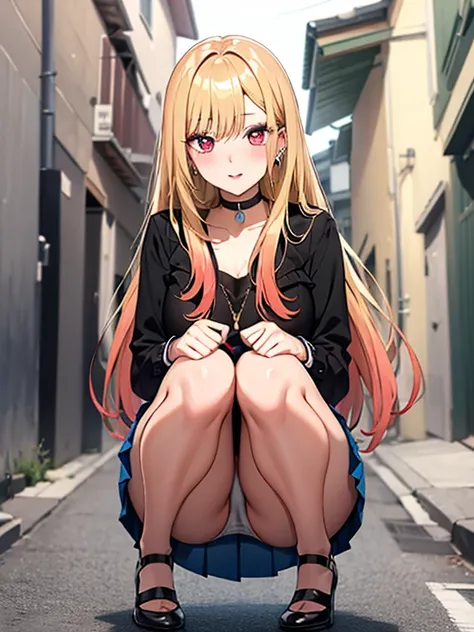 テニスウエア, kitagawa marin, 1girl, blonde hair, long hair, multicolored hair, red eyes, jewelry, earrings, piercing, black choker, skirt lift, panty shot, Squatting, blush, lure, Alley