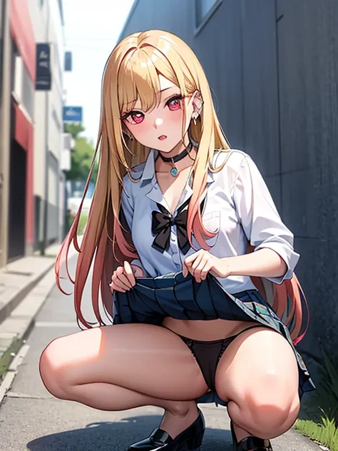 テニスウエア, kitagawa marin, 1girl, blonde hair, long hair, multicolored hair, red eyes, jewelry, earrings, piercing, black choker, skirt lift, panty shot, Squatting, blush, lure, Alley