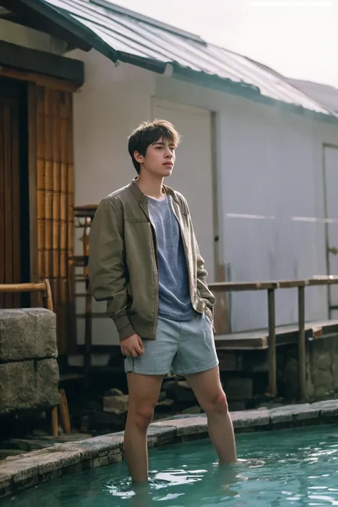 Realistic photo of solo handsome teenage men ,Standing In front of an onsen