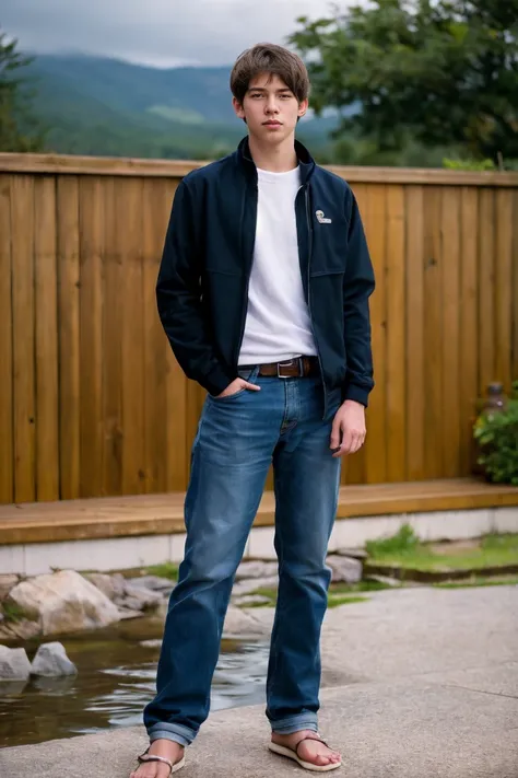 Realistic photo of solo handsome teenage men ,Standing In front of an onsen