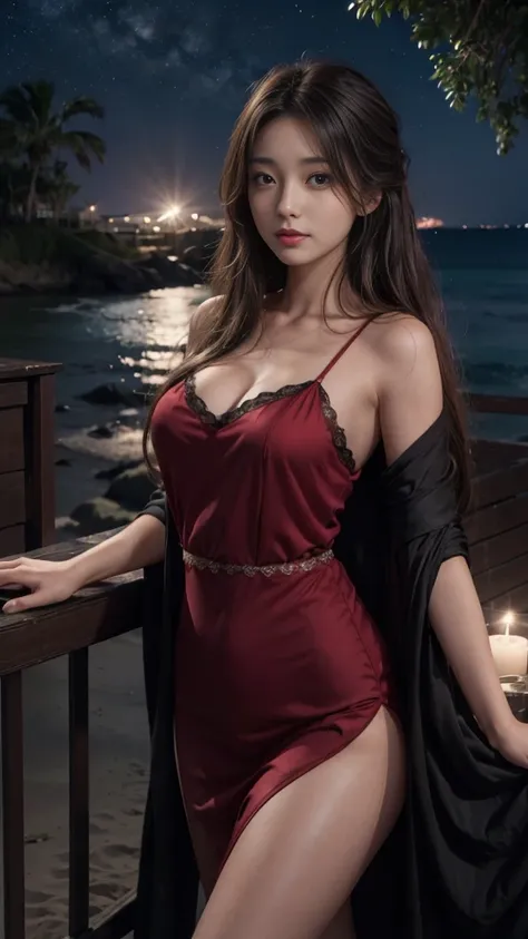 full hd 8k, Girl standing in front of a dark night scene, full moonlight reflecting on her beautiful face. Her long, silky hair was gently blown by the night wind, creating a gentle and romantic feeling. She is walking on a large beach. She looked up at th...