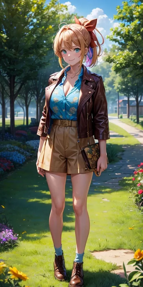 1girl, solo, full body, summer, village, trees, sun, clouds, ((colorful hair)), ponytail, huge breasts, ((brown leather jacket)), brown leather shorts, button down shirt, ((blue floral pattern shirt)), ((short sleeved shirt)), ((unbuttoned shirt)), unbutto...