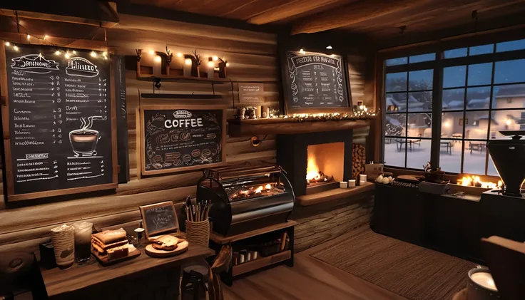 create an image of a cozy coffee shoop with rustic interior with a roaring fireplace,one chalk board coffee menu,one barista tab...