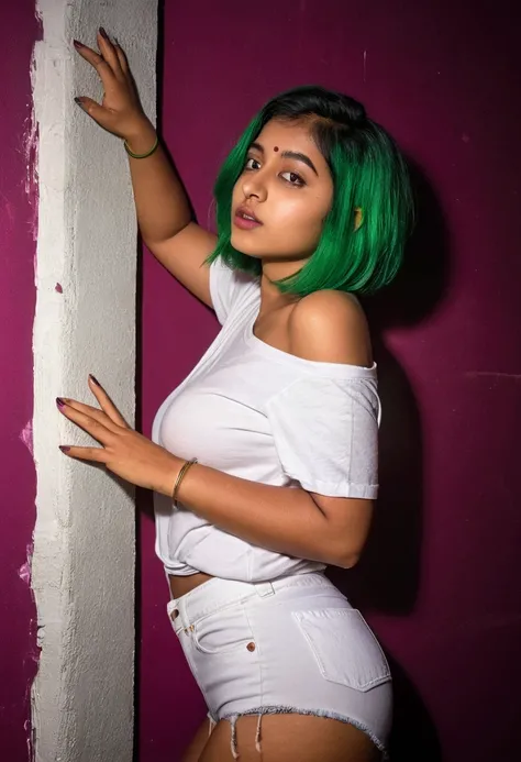 Indian 21yo girl, green hair, bob Hair. (Wearing white oversize tshirt, show shoulders), wearing hot pants, cleavage, natural big breast, show big thigh, plump body, hands on the wall, body facing backward, face turned forward. Dark background. Voncrete ba...