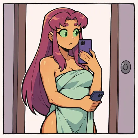 score_9_presence, score_8_up, starfire, wrapped in towel, medium breasts, holding phone