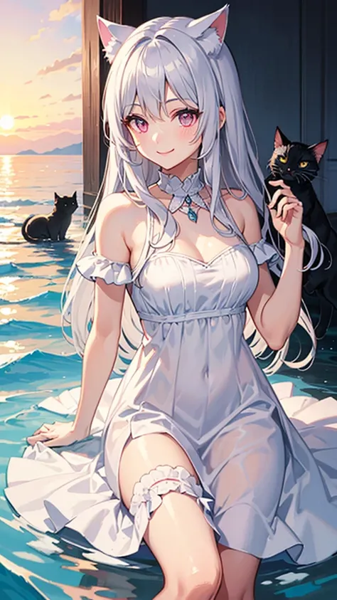 Medium chest,pretty girl,smile,Cat ear, Beautiful silver hair,Pink inside,Beautiful pink eyes,White dress,sea,sunrise,ice