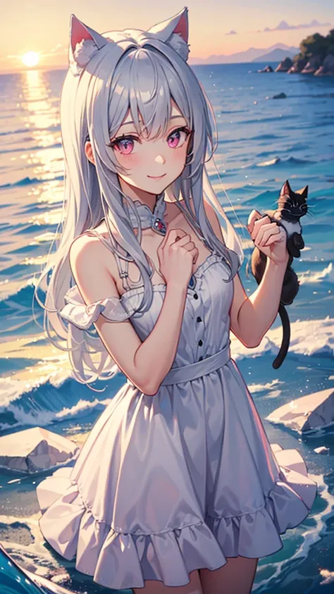 Medium chest,pretty girl,smile,Cat ear, Beautiful silver hair,Pink inside,Beautiful pink eyes,White dress,sea,sunrise,ice