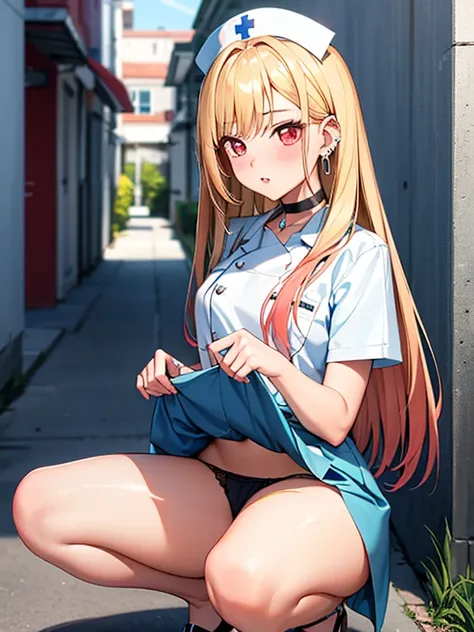 nurse, nurse, Kitagawa Marine, 1girl, blonde hair, long hair, multicolored hair, red eyes, jewelry, earrings, piercing, black choker, skirt lift, panty shot, Squatting, blush, lure, Alley