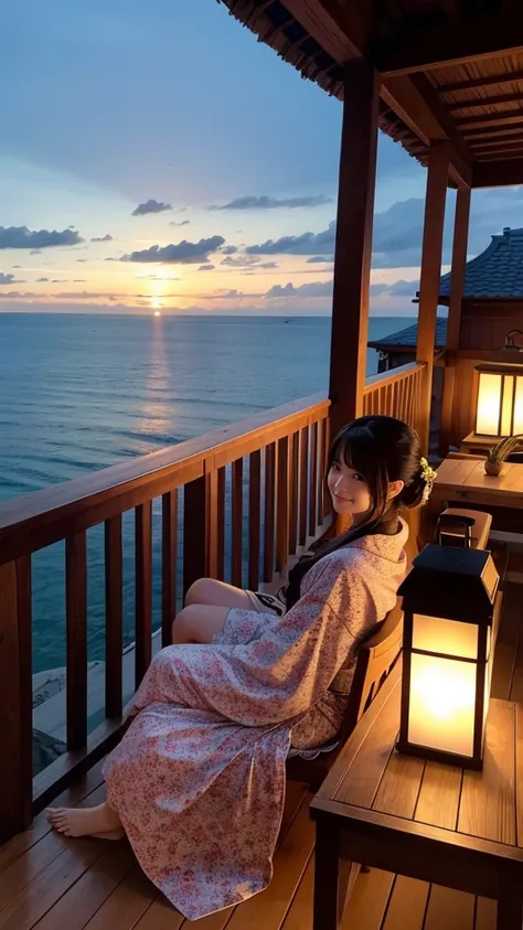 Japanese、Age 25、younger sister、Randomly generated people with diverse facial features and hairstyles々々、Perfect Anatomy,Ocean、balcony、firework、Night Sky、打ち上げfirework、yukata