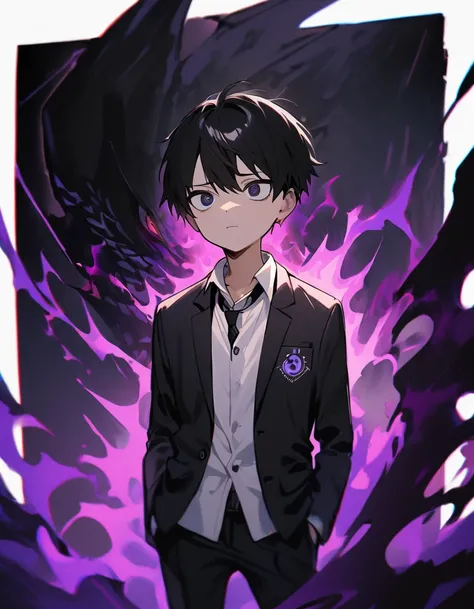 "1 Boy with black hair , white iris ,complete black eyes,dark purple energy coming from the right eye. Short black school unbuttoned blazer with school logo,white shirt,black tie with logo,black pants,and sneakers,dark aura , emotional expression,hands in ...