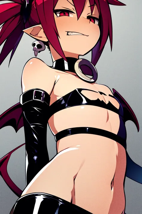 Etna, red hair, twintails, pointy ears , flat chest, gloves, jewelry, choker, thighhighs, black elbow gloves, belt , miniskirt , boots, bare shoulders, midriff, bra, skull earrings, small bat wings on upper back, demon tail, 1girl, solo, facing viewer, loo...